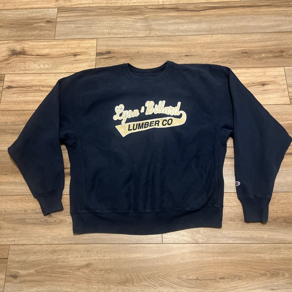 Champion Premium Reverse Weave Sweatshirt Adult XL Navy Blue Lyon Billard Lumber